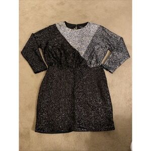 NWT EXPRESS SEQUIN GEOMETRIC‎ DOLMAN PARTY COCKTAIL MINI DRESS BLK/GREY/SILVER L